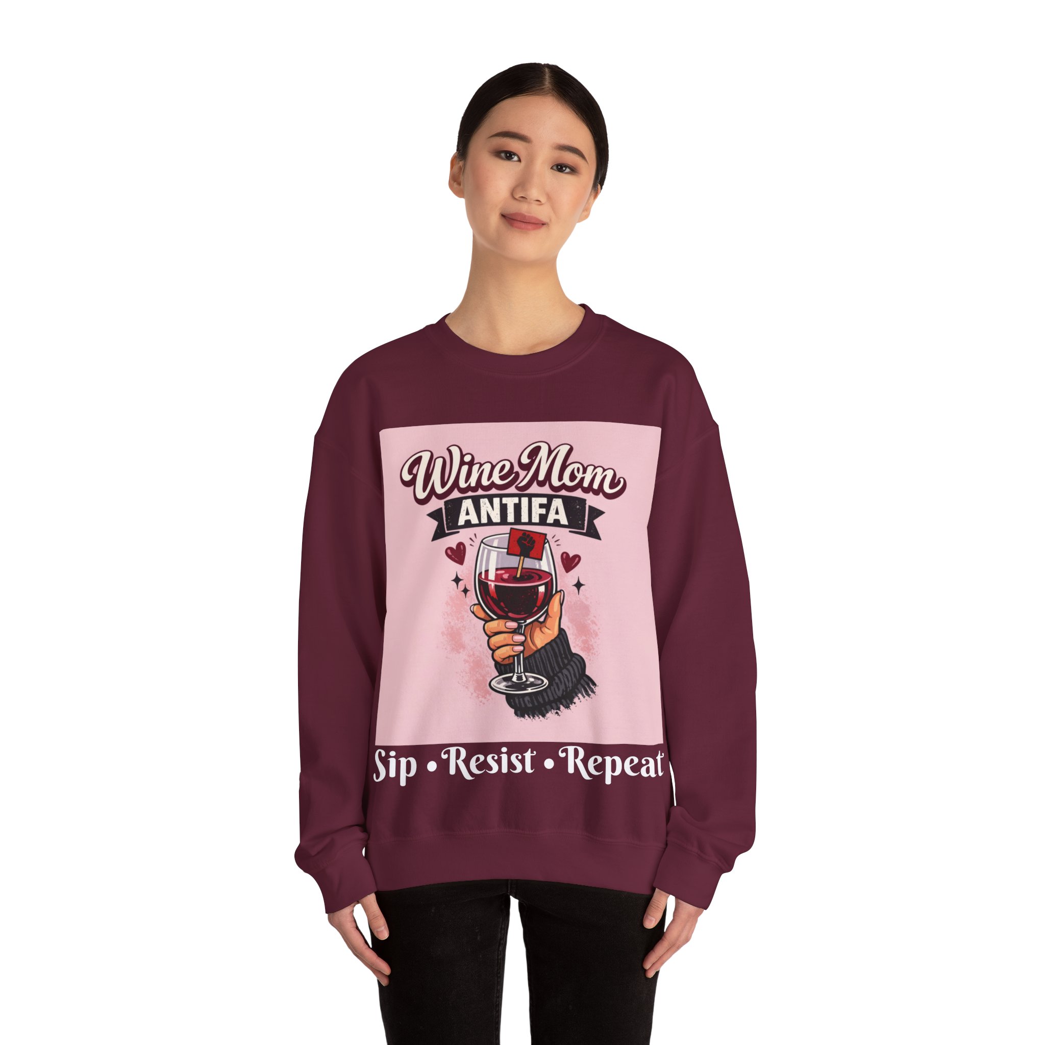 Wine Mom Antifa Sweatshirt | Sip, Resist, Repeat with Back Print | Political Gift