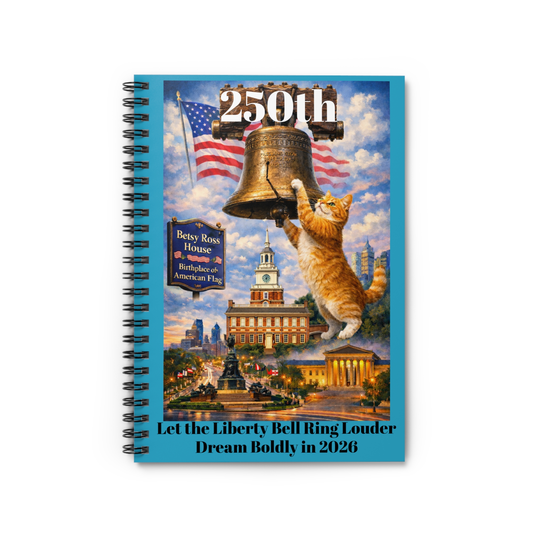 250th Liberty Bell Cat Spiral Notebook — "Let the Liberty Bell Ring Louder: Dream Boldly in 2026" (Torquoise)